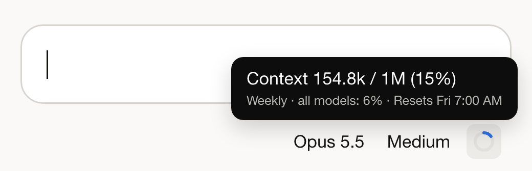 The small circle next to the model name, with its hover box showing Context 154.8k of 1M, 15 percent